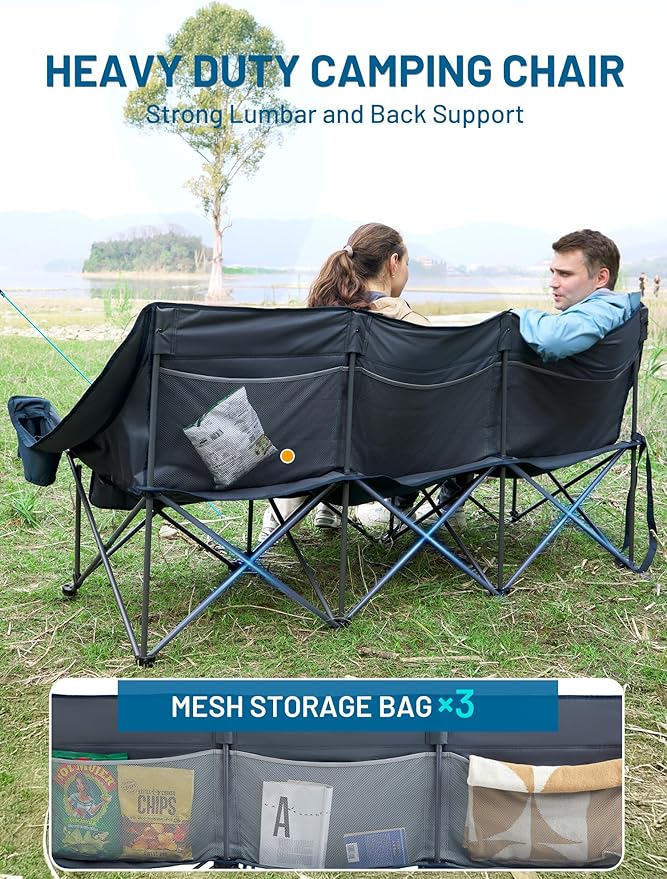 Timber Ridge 3 Person Camping Chair with Cup Holders and Pockets, Outdoor Folding Loveseat Camping Chairs, 1050lbs Capacity Heavy Duty Camp Couch for Outside Picnic, Beach, Lawn, Sports, Blue