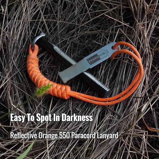 FS125 Heavy-Duty Plus Fire Starter - 1/2 Inch Thick x 5 Inch Long Ferrocerium Rod with Magnesium, Superb Carbon Alloy Steel Striker & 550 Paracord for Camping, Survival, Emergency Kits