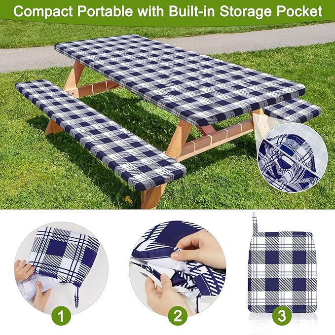 Picnic Table Cover with Bench Covers Portable Table Cloth Built-in Storage Pocket Fitted Tablecloth with Elastic Edges Waterproof Camping Essentials for Indoor Outdoor Rv,96in,Blue