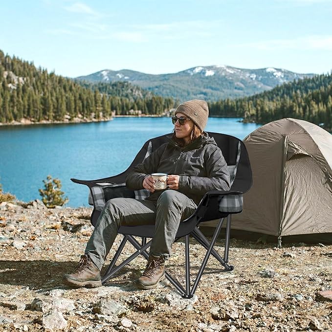 Youtanic Padded Camping Chairs for Adults, Heavy Duty 400 lbs Foldable Lawn Chair, Oversized Ergonomic Outdoor Seat with Classic Plaid Design, Cup Holders & Storage Pockets for Fishing, Sports, Black