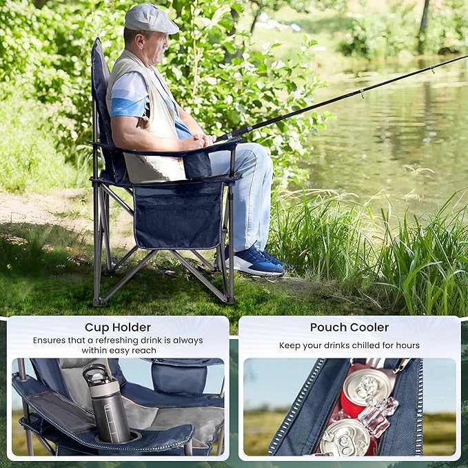 Oversized Camping Chair Heavy Duty- Portable Folding Chair, Cup Holder & Waterproof Phone Case for Adults, Beach, Hiking, Backyard, Blue & Gray，2PCS XL