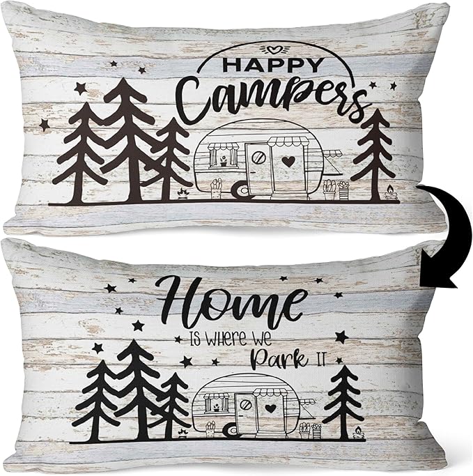 Happy Camper Home Is Where We Park It Reversible Throw Pillow Cover Case, Camping Lovers Gifts, Campers Gifts, RV Trailer Decor, 12 x 20 Inch Camper Linen Cushion Cover, Camping Room Bed Sofa Decor