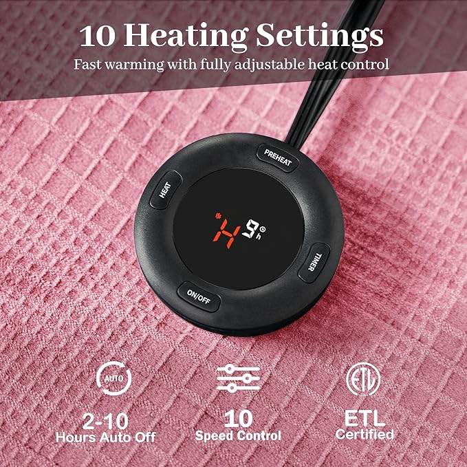 Texciting Electric Blanket Queen Size 84''X90'' - Heated Blanket with Dual Control Fast Heating 10 Heating Levels & 10 Hours Auto Off,ETL Certified Machine Washable (Light Pink)