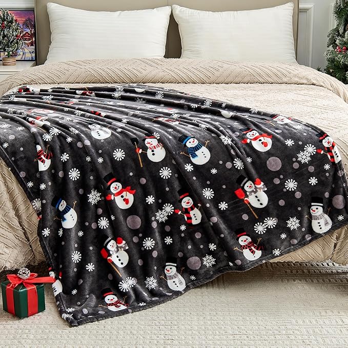 Edenleaf Grey Christmas Throw Blanket - Soft Warm Cozy Fleece Winter Throw, Holiday Blanket with Snowman & Snowflake Design, 60x80 Inches,Grey