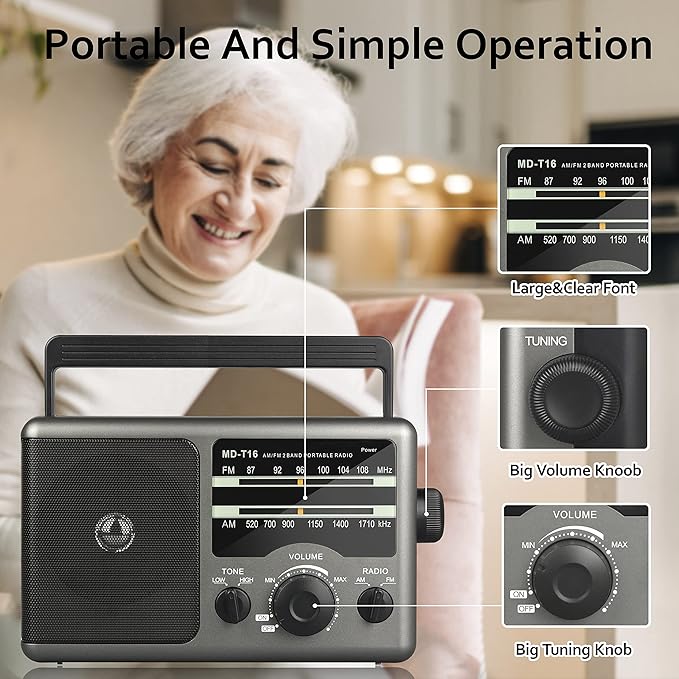 AM FM Portable Radio Battery Operated by 4X D Cell Batteries Or AC Power Transistor Radio with and Big Speaker, Standard Earphone Jack, High/Low Tone Mode, Large Knob