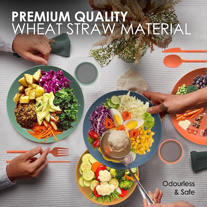 Wheat Straw Dinnerware Sets For 4 - Camping Plates Cups And Bowls Set - Dishwasher Microwave Safe Dishes - Alternate To Plastic Dinnerware Set - Wheat Straw Plates And Bowls Sets - RV Dishes