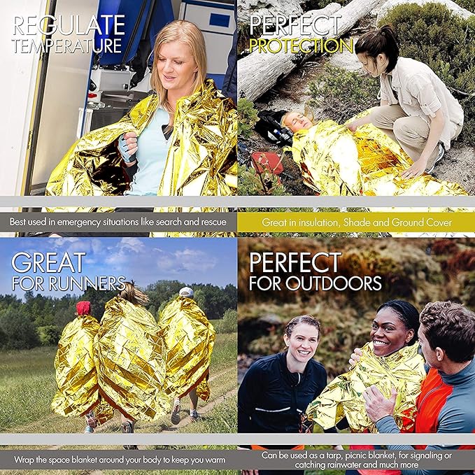 EVERLIT Emergency Mylar Thermal Blankets -Space Blanket Survival kit Camping Blanket Perfect for Outdoors, Hiking, Survival, Bug Out Bag ，Marathons or First Aid 1(Gold & Silver, 4 Pack)