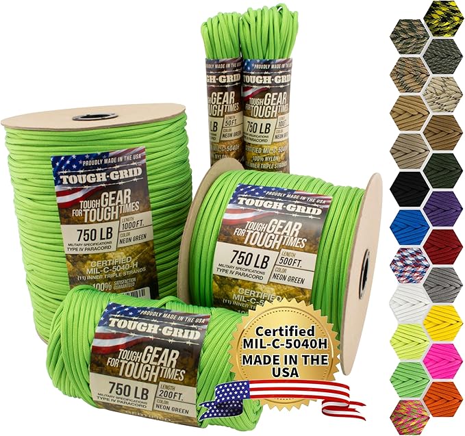 TOUGH-GRID 750 Paracord Military Grade Nylon Rope - Type IV Mil-Spec Made in USA - Tactical Survival Cord
