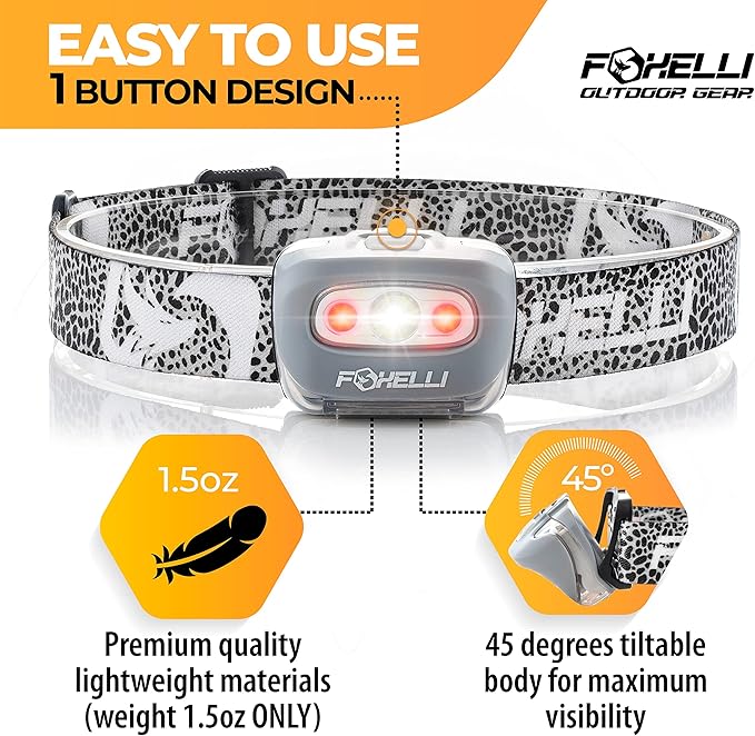 Foxelli LED Headlamp Flashlight for Adults & Kids, Running, Camping, Hiking Head Lamp with White & Red Light, Comfortable Headband, Lightweight & Waterproof, 3 AAA Batteries