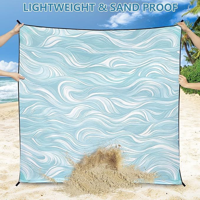 HIHOHO Beach Blanket Waterproof Sandproof Beach Mat for 1-8 Adults Quick Drying Durable Outdoor Picnic Mat for Beach Festival Travel Camping Hiking (Ocean Wave-Dark BL, 79"×83"(4 Person))