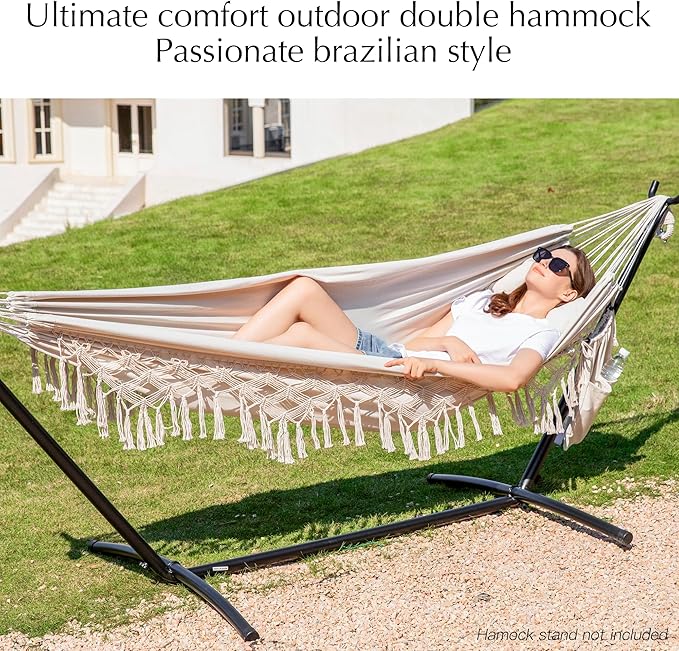 PNAEUT Double Hammocks for Outside, Replacement Outdoor Tree Hammock for Indoor Patio Porch Garden (Tassel Beige, Medium)