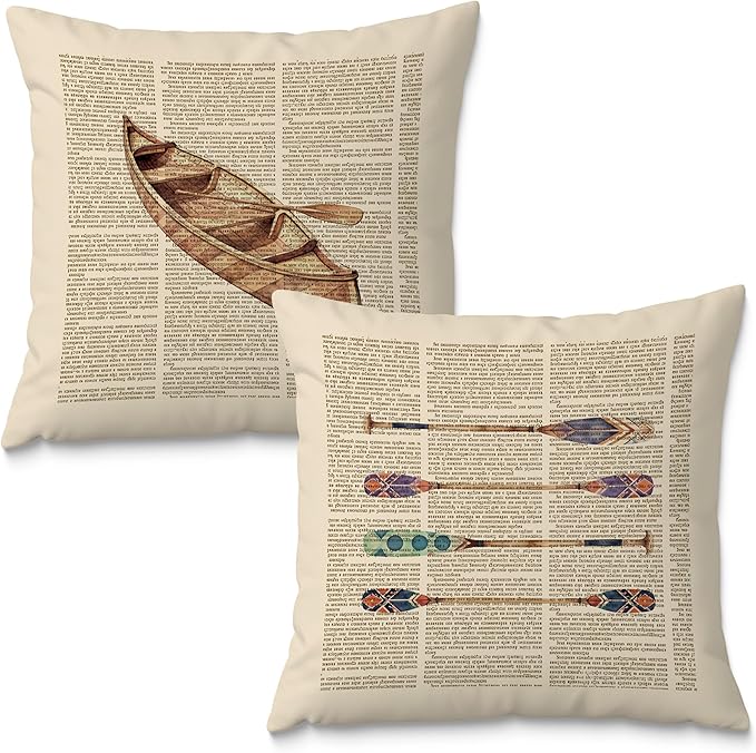 Vintage Lake Nautical Pillow Covers 18x18 Set of 2, Gifts for Lake Lovers, Retro Canoe Boat Paddle Coastal Beach Decorative Throw Pillow Covers for Couch Sofa Bedroom Beach House Cabin Home