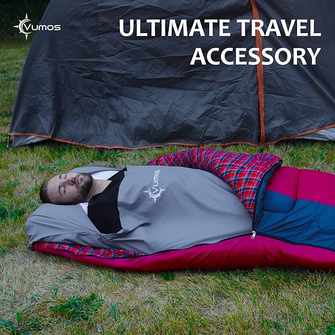 Sleeping Bag Liner Travel Sheet with Full-Length Zipper, Lightweight Silk-Like Polyester Camping Liner with Pillow Pocket, Compact Sleeping Bag Insert for Travel, Backpacking & Hostels