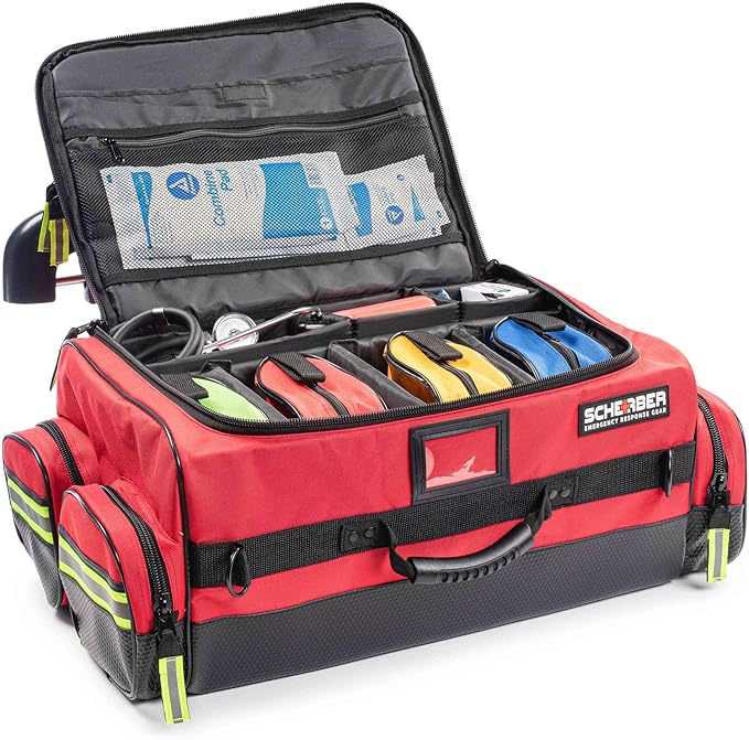 Scherber First Responder O2 Bag | Ultimate Professional EMT/EMS Trauma Oxygen Kit | Durable Reflective 600D Water Repellant Bag w/10+ Compartments, Zippered Pockets, Dividers & Padded Strap | XL - Red