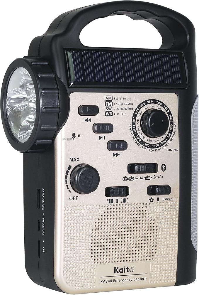 Kaito KA340 Solar Dynamo Hand Crank Rechargeable LED Camping Lantern for Emergency AM/FM/SW NOAA Weather Alert Solar Radio with Bluetooth, Flashlight, Phone Charger, MP3 Player & Siren (Gold)