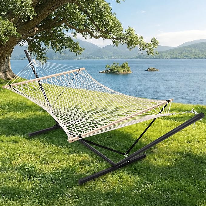 SUPERJARE 12ft Double Hammock with Stand, Soft Rope Hammock for 2 Person, Portable Heavy Duty Stand, Anti-Tip Safety Ropes, Natural Wood Spreader Bar, Outdoor Backyard Patio Camping, Beige
