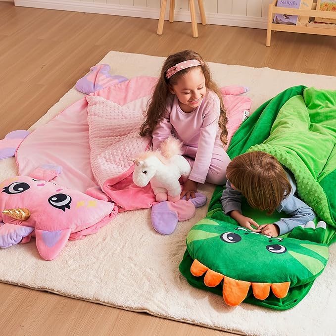 JOIEDOMI Kids Sleeping Bag 4 5 6 Year Old Girl Gifts Toddler Nap Mat with Pillow & Blanket 60" x 39" for Kids Ages 3+ Soft Plush Sleeping Mat for Preschool and Boys Girls