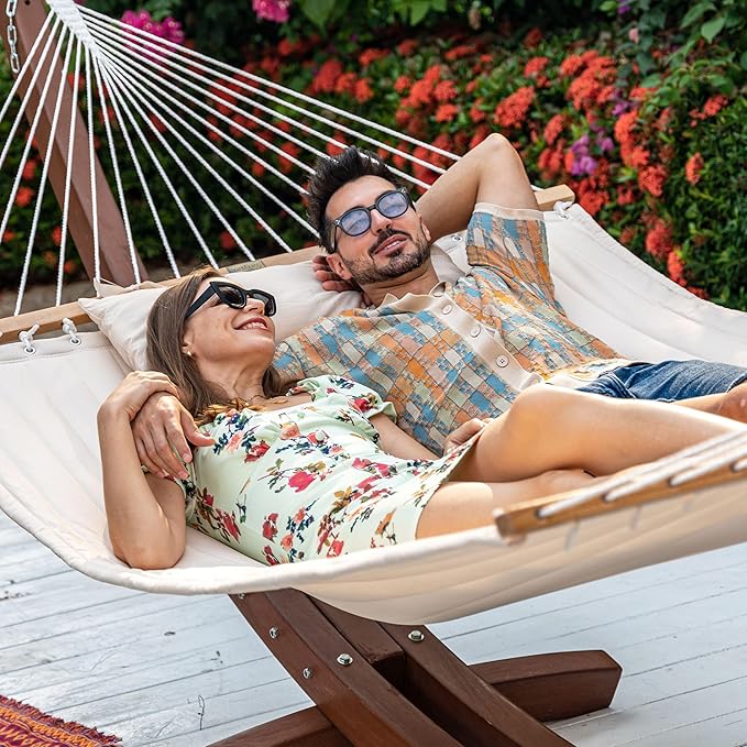 Lazy Daze Hammocks 2 Person Double Quilted Fabric Hammock with Spreader Bar, Detachable Pillow, Side Pocket, Carabiners, Chains, Straps for Outdoor, 450lbs Capacity, Natural