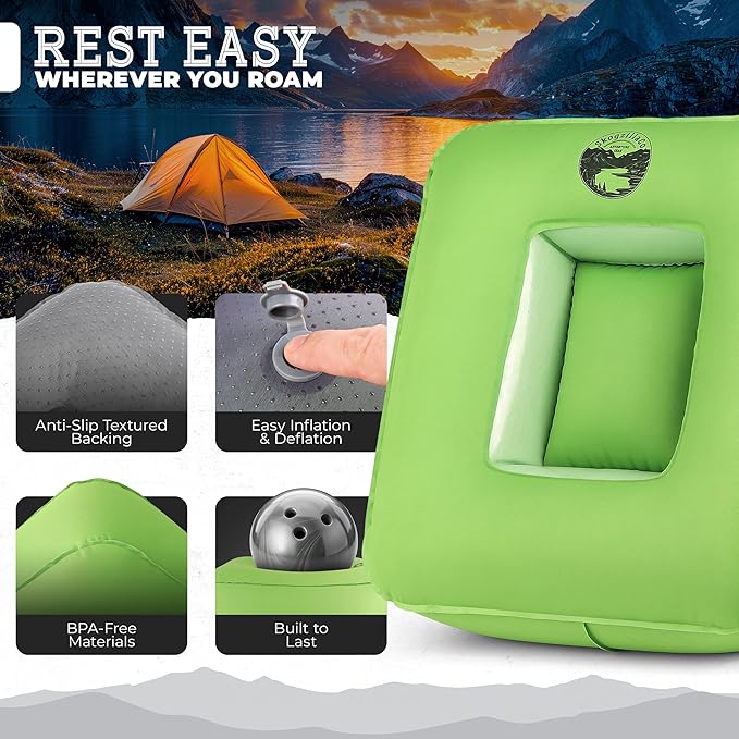 SkogzillaCo- Camping Inflatable Pillow Dual Chamber Ultralight Backpacking Pillow for Camping, Hiking & Travel, Blow Up Pillow with Adjustable Neck, Compact Portable- Green
