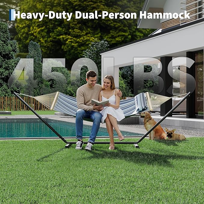 Garvee Double Hammock with Stand for Outdoor, Heavy Duty Portable 2 Person Hammock with Adjustable Steel Stand for Patio, Garden, Beach, Backyard