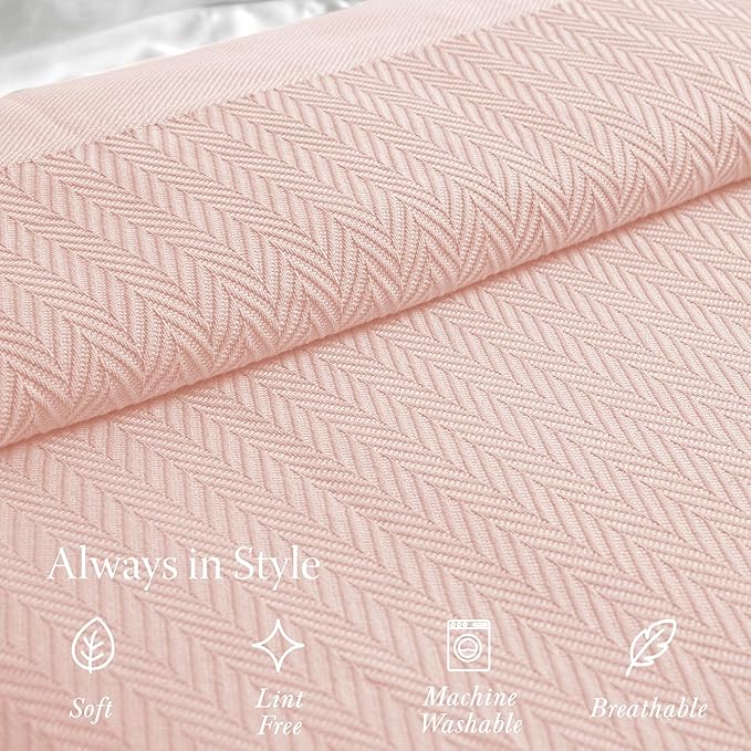 Threadmill Luxury Cotton Blankets for Queen Size Bed | All-Season 100% Cotton Queen Size Blanket | Herringbone Cozy, Soft Breathable Fall Thermal Blanket fits Full Size Bed | English Rose