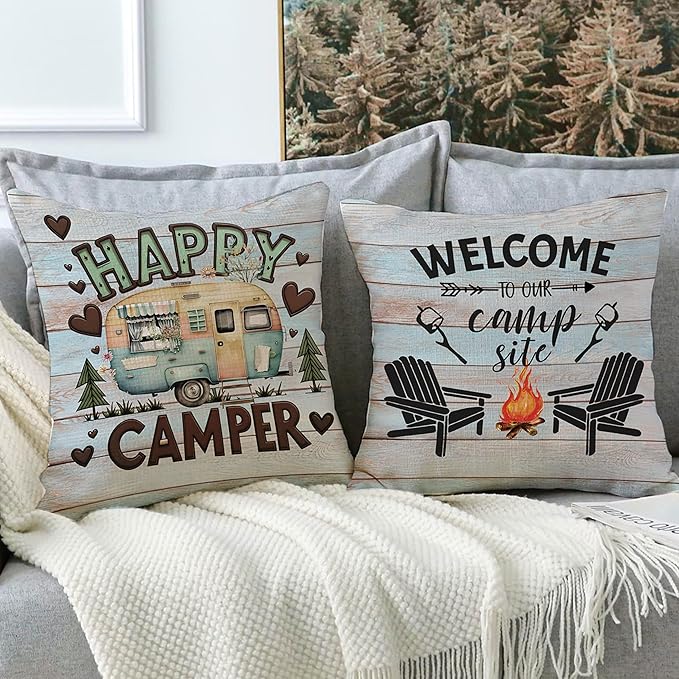 Happy Camper Throw Pillow Covers Set of 4 18" x 18" Vintage Rustic Wood Camper Quote Blue Square Throw Pillow Covers Home, Living Room, Bedroom, Home Staging, Outdoors