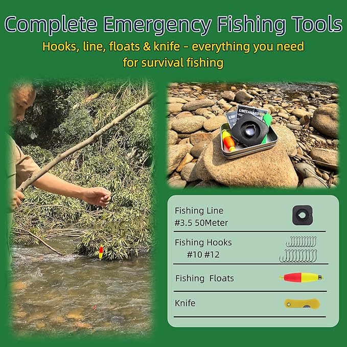 Mini Survival Fishing Kit–Compact Emergency Gear for Camping,Hiking,Bushcraft,Backpacking Small Tackle Box with Hooks,Line,Tools