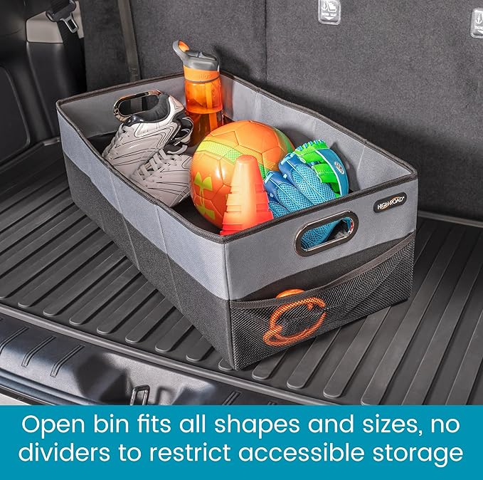 High Road CargoCube Car Storage Bin - Leakproof Car Trunk Storage Organizer with Metal Handles and Front Mesh Pocket, 12x24 Inches - Single pack