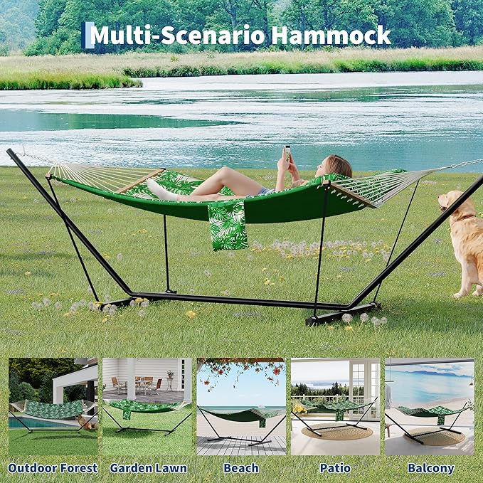 2 Person Double Hammock with Adjustable Steel Stand & Pillow, Heavy Duty Portable Outdoor Hammock Set, MAX 450 LBS Weight Capacity for Patio, Garden, Beach, Backyard