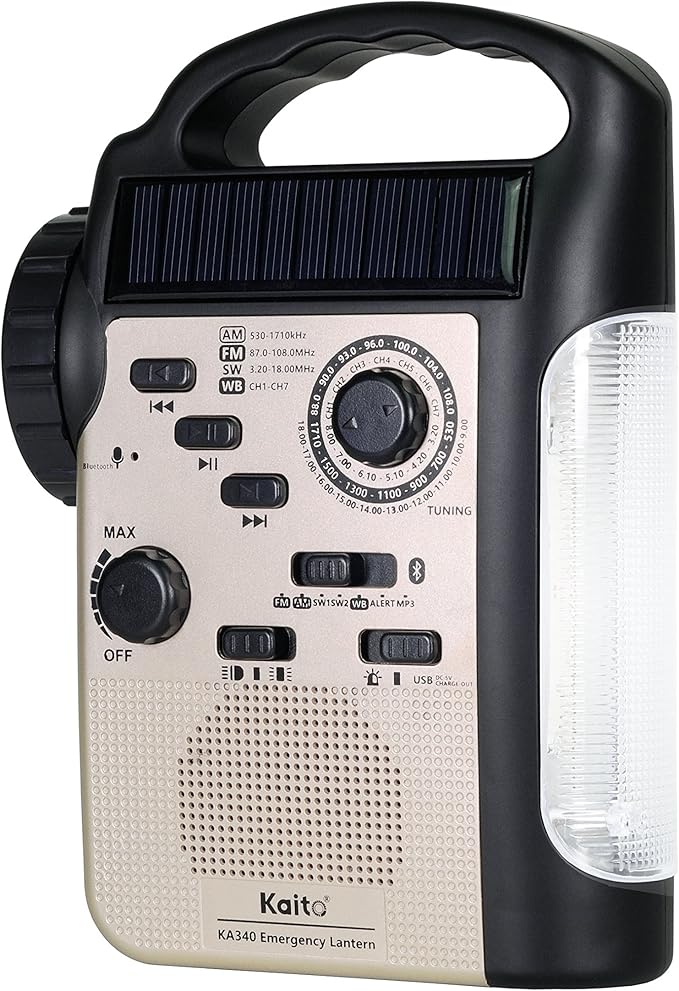 Kaito KA340 Solar Dynamo Hand Crank Rechargeable LED Camping Lantern for Emergency AM/FM/SW NOAA Weather Alert Solar Radio with Bluetooth, Flashlight, Phone Charger, MP3 Player & Siren (Gold)