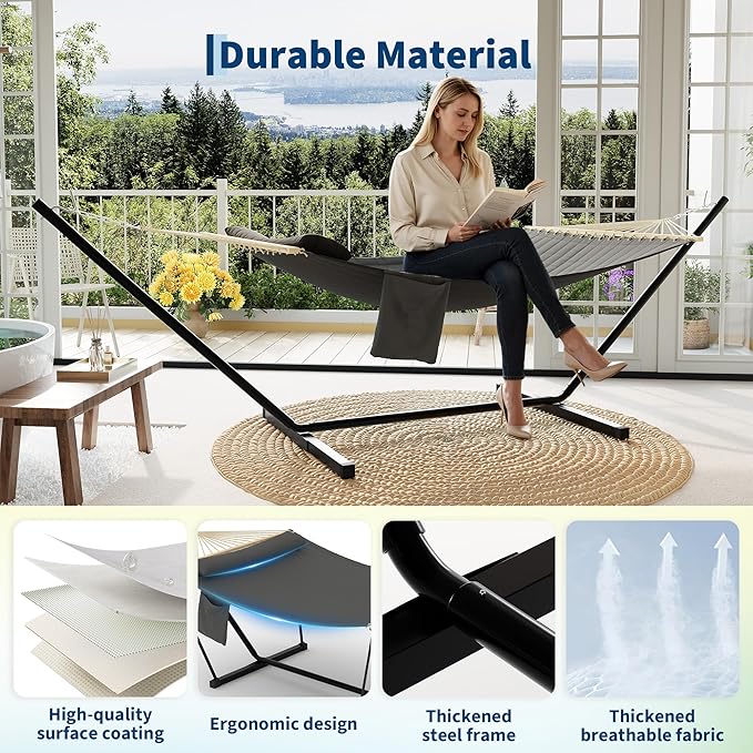 Garvee Double Hammock with Stand for Outdoor, Heavy Duty Portable 2 Person Hammock with Adjustable Steel Stand for Patio, Garden, Beach, Backyard