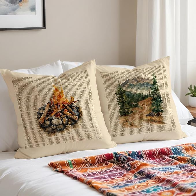Nature Adventure Camping Pillow Covers 18x18 Set of 2, Gifts for Hiking Camping Lovers, Vintage Campfire Mountain Decorative Throw Pillow Covers for Couch Sofa Bedroom Living Room Home