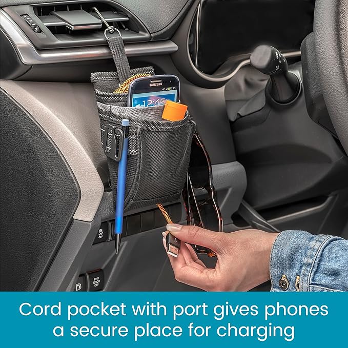 High Road DriverPockets Car Pouch - Air Vent Pocket and Vent Cell Phone Holder for Car - Front Seat Organizer with 3 Pockets, Hanging Hooks and Charging Port
