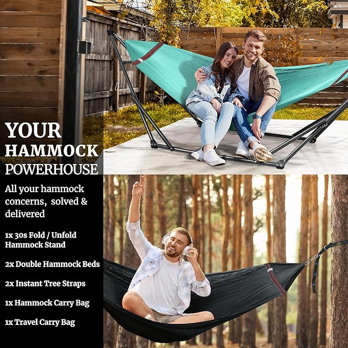 Tranquillo Combo x2 Hammocks with Stand for Outside & Tree Straps, Heavy Duty Hammock with Stand 600lbs for Indoor Outdoor Patio Backyard, x2 Hammocks for 2 Person (Combo - Sky, Medium)