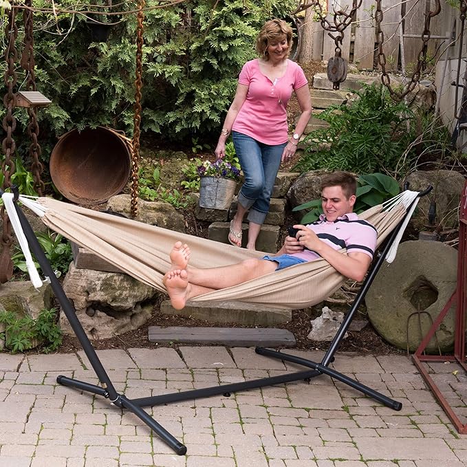 Vivere Double Sunbrella Hammock with Space-Saving Steel Stand, Heavy-Duty Portable Outdoor Hammock Set for Backyard, Patio, or Travel, Sand