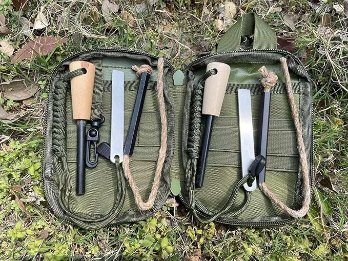 Flint and Steel Fire Starter Kit, Ferro Rods Magnesium Fire Starter Survival Tool Camping Emergency Fire Lightning Striker, Tinder Wick Rope, Multifunctional Outdoor Bag