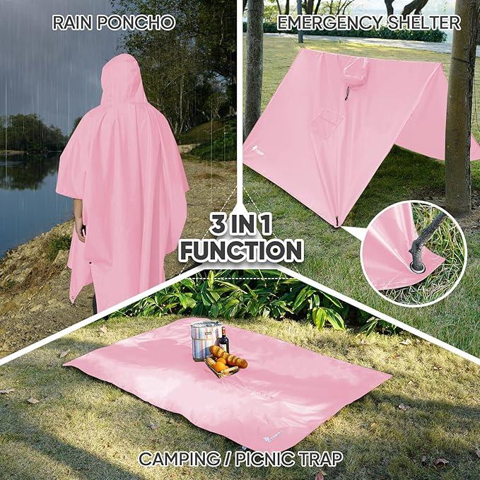 PTEROMY 3-in-1 Hooded Rain Poncho for Adult with Pocket, Waterproof Lightweight Unisex Raincoat for Hiking Camping Emergency