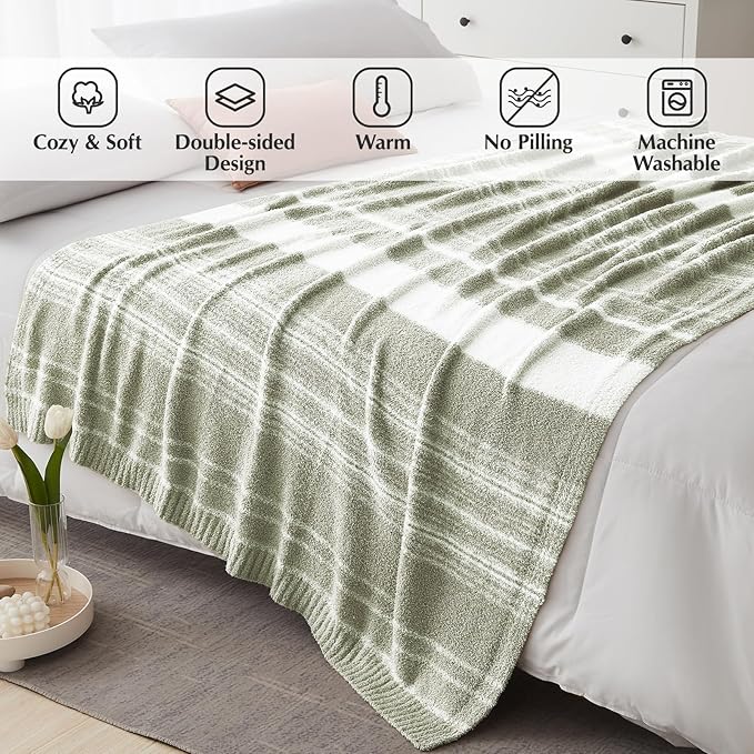 WRENGONGE Sage Green Throw Blanket, 50x70 Soft Cozy Striped Throw Blankets for Couch, Sofa, Bed, Travel, Lightweight Fluffy Warm Plush Decorative Blankets for Women, Men Gift