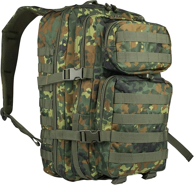 Mil-Tec Unisex Assault Pack - Rugged Durable Lightweight Ergonomic Versatile Tactical Outdoor Camping Hiking Backpack with Adjustable Padded Shoulder Straps & MOLLE Loops, Flecktarn Camo, 20L