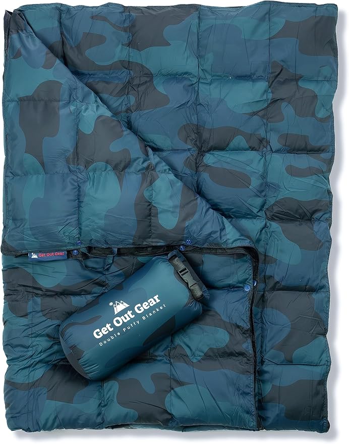 Get Out Gear Down Camping Blanket - Puffy, Packable, Lightweight and Warm | Ideal for Outdoors, Travel, Stadium, Festivals, Beach, Hammock | 650 Fill Power Water-Resistant Backpacking Quilt