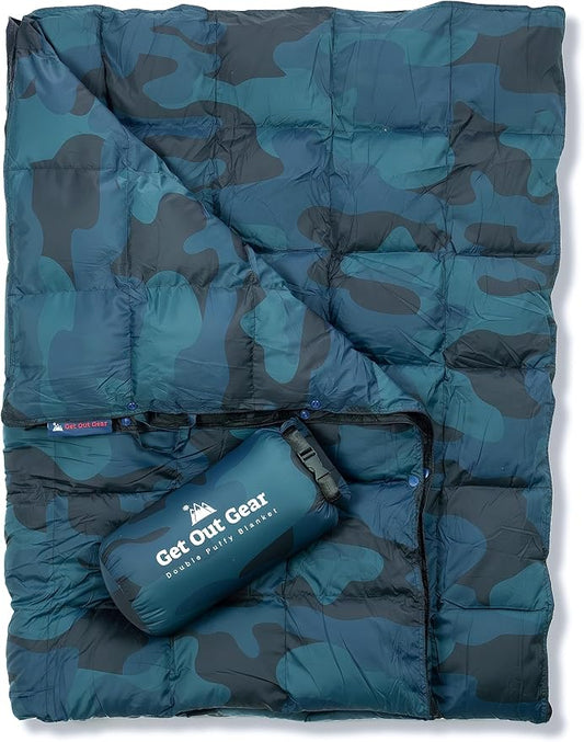 Get Out Gear Down Camping Blanket - Puffy, Packable, Lightweight and Warm | Ideal for Outdoors, Travel, Stadium, Festivals, Beach, Hammock | 650 Fill Power Water-Resistant Backpacking Quilt