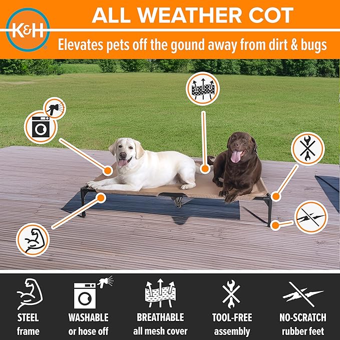 K&H Outdoor Elevated Dog Bed - Cooling Raised Dog Bed for Large & Extra-Large Pets, Breathable Mesh Hammock Design, Indoor/Outdoor Washable Cover, Portable Metal Frame, Tan, XL 50x32in