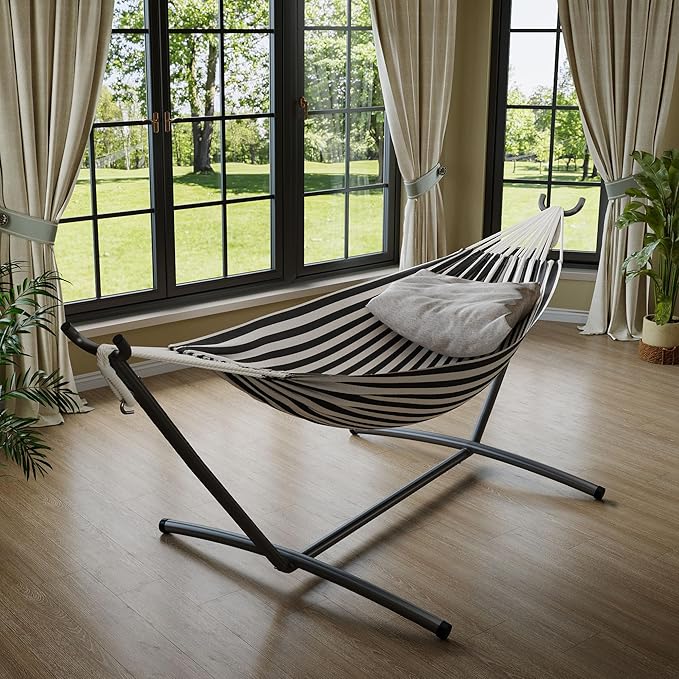 Garvee Double Hammock with Foldable Steel Stand and Carry Bag – Indoor/Outdoor Standing Hammock, 450 LBS Capacity, for Garden, Camping, Beach (Black)