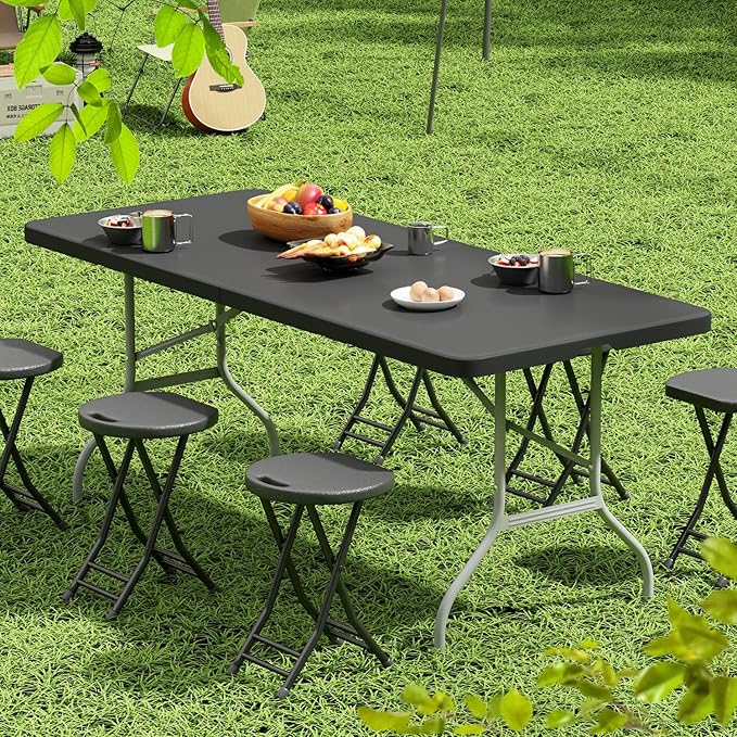OS MOTOR 4ft Folding Table with Carry Handle, Portable Heavy Duty Plastic Utility Table with Steel Legs for Party, Wedding, Camping, Indoor, Outdoor Event, 48 Inch, Black