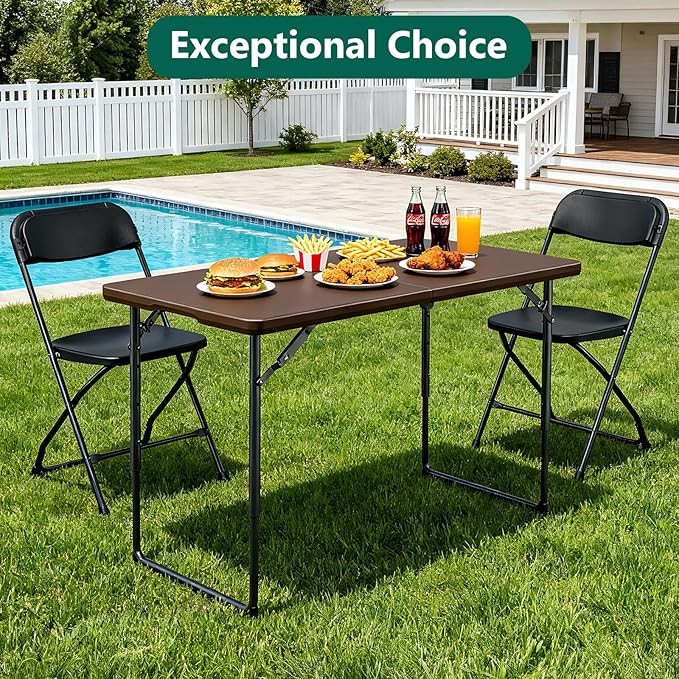 Folding Table, 4FT Foldable Picnic Table with Adjustable Height, Heavy Duty Fold-in-Half Portable Table for Weddings, Camping, RV Travel, Parties, BBQs, and Indoor Use, Easy to Fold and Store, Brown