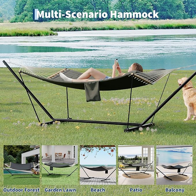 Garvee 2 Person Outdoor Hammock with Stand, Heavy Duty Portable Double Hammock with Balance Rope, MAX 450 LBS Capacity for Patio, Backyard, Garden, Beach