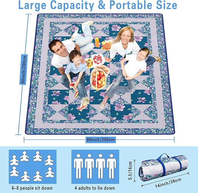 Supfitness Extra Large Picnic Blankets Waterproof Foldable (80 "x 80") Beach Blanket Waterproof Sandproof,3-Layer Thicking Mat Outdoor Packable Camping Blanket