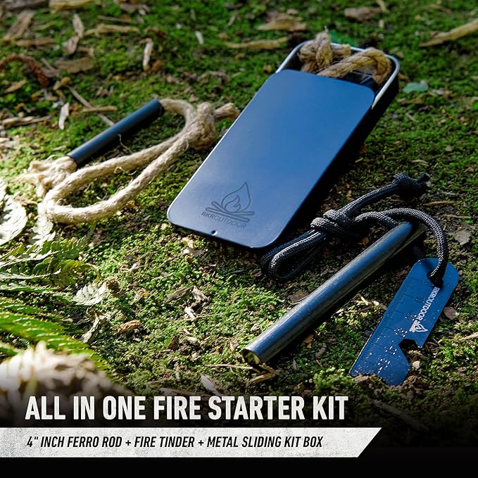 Ferro Rod Flint Fire Starter Kit + Tinder Wick Bellow with Sliding Box - 4" Length 1/2” Thick Ferro Rod with Multi-Tool Striker and Paracord Lanyard + Hemp Wick with Bellow + Sliding Box