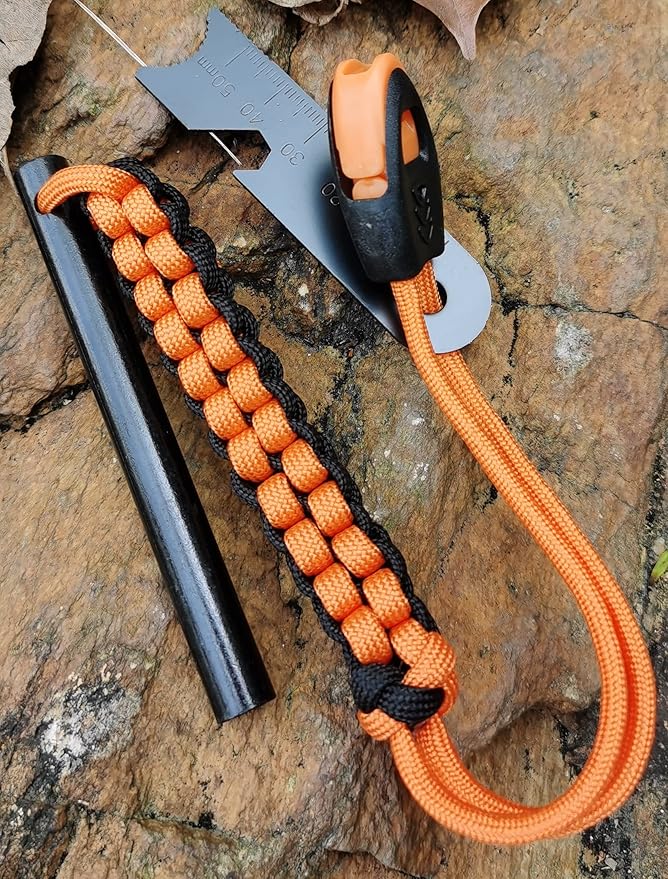 Drilled Ferro Rod Fire Starter, FOSTAR 4 Inch Flint Steel with Paracord Lanyard Handle, Striker and Whistle, for Emergency Survival Kits, Hiking, Camping All-Weather Ferrocerium Rod