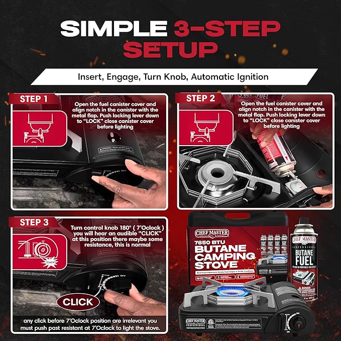Chef Master Portable Butane Camping Stove, Piezo Ignition 7,650 BTU Output, Wind-Guard Portable Stove Burner with Portable Carrying Case for Emergencies, Road Trips, Hiking, Camping Essentials 90027